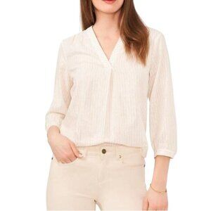 Vince Camuto V-Neck Metallic Peasant Blouse Ivory Silver & Gold Pinstripes, L